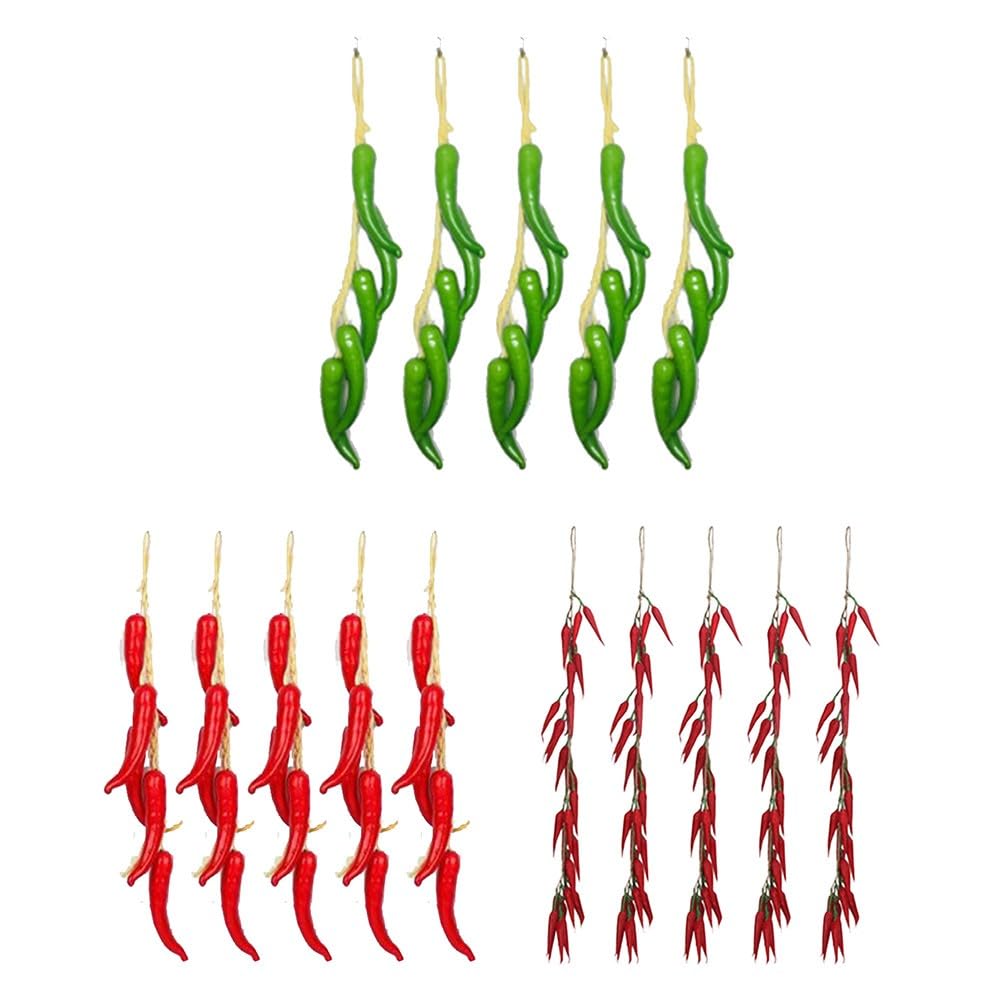 Confezione da 5 corde da appendere al peperoncino artificiale, 50-55 cm, finti peperoni rossi e verdi, per decorazione della cucina di fattoria, oggetti di scena fotografici rustici