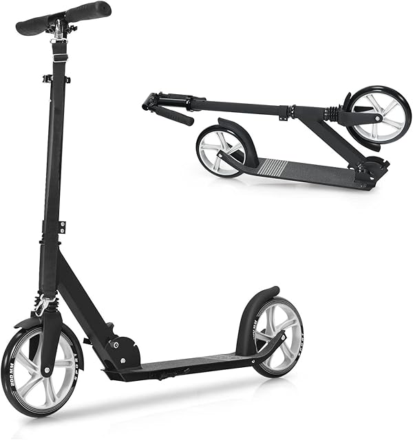 GYMAX Folding Kick Scooter, Height Adjustable City Scooter with Carry Strap, Anti-Shock Suspension, 200mm Large Wheels Scooter for Kids Adults