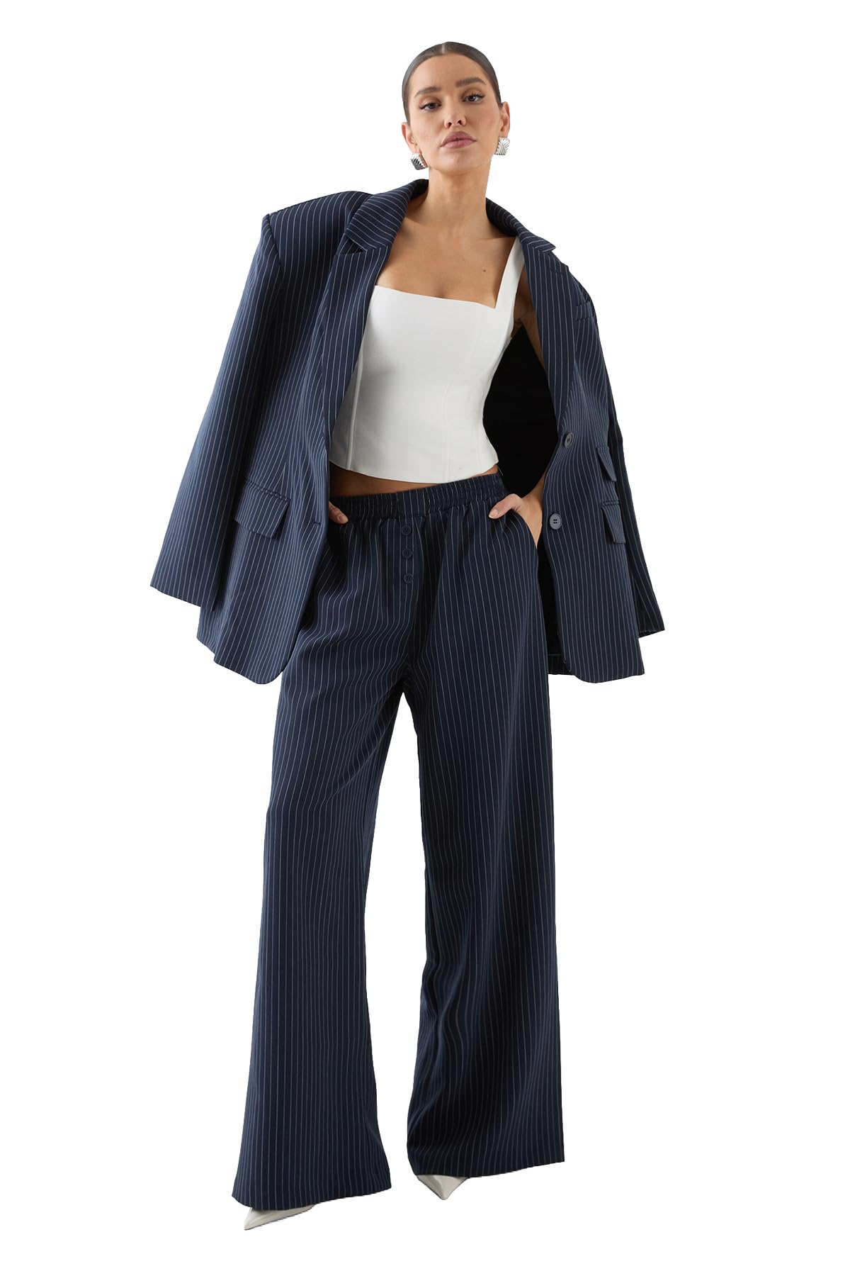 Premium Pinstripe Button Front Tailored Trouser