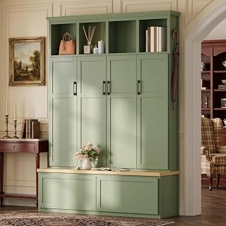 LUMISOL Hall Tree with Bench and Shoe Storage, Farmhouse Entryway Bench with Storage Drawers, 6 Hooks & 4 Open Cubbies, 4-in-1 Mudroom Organizer for Hallway, Green