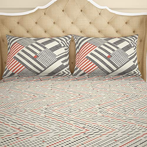 Image of Spaces Atrium 144 TC 100% Cotton King Size Fitted Double Bedsheet with 2 Pillow Covers (Geometric, 72 inch X 78 inch Inches ) - Beige (ATR-09-AW19)