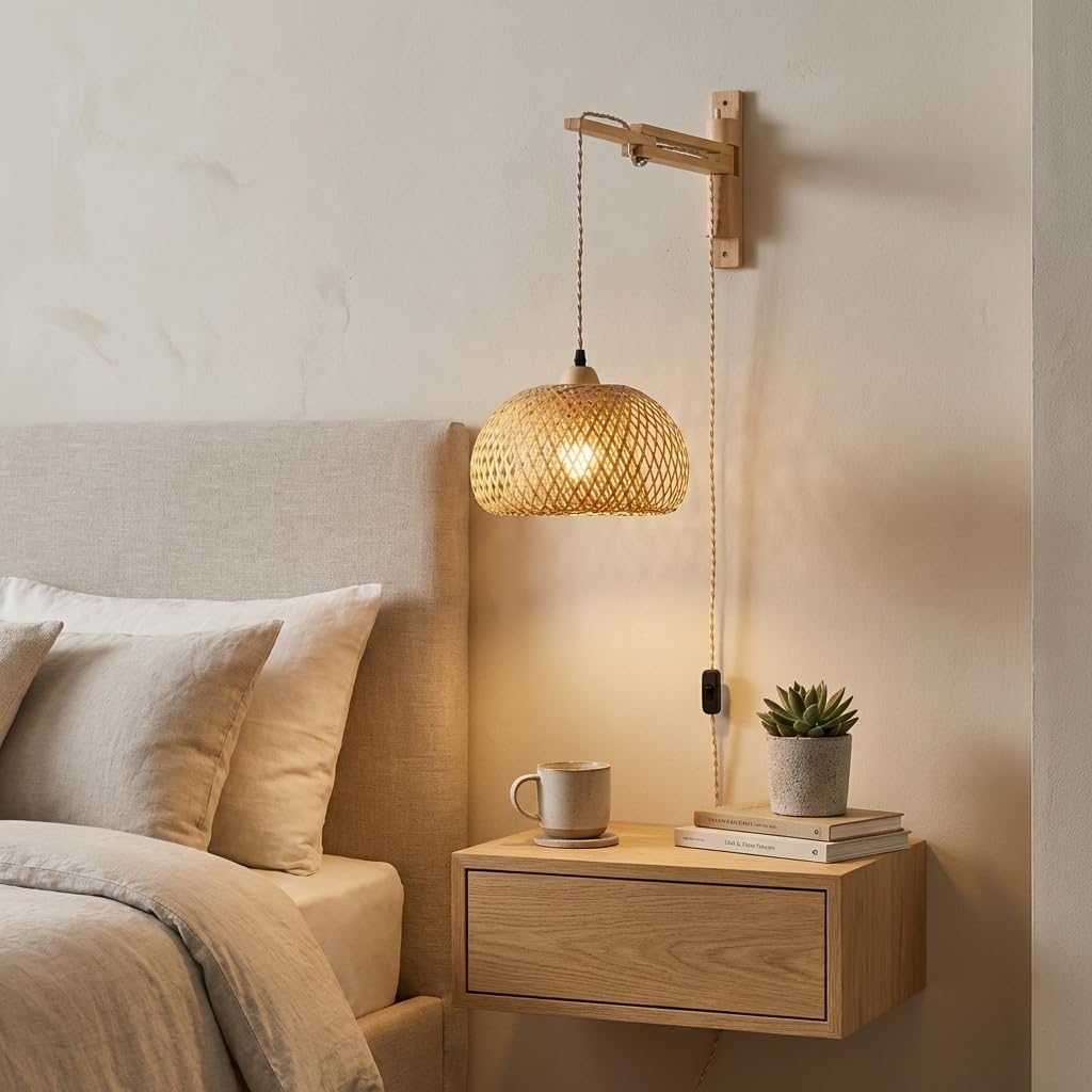 Alpinaluz Aplique de Pared con Brazo Articulado de Madera y Pantalla Circular de Bambú Ø29 cm, Altura Regulable, Cable con Enchufe e Interruptor Integrado, Estilo Rústico para Dormitorio Interior