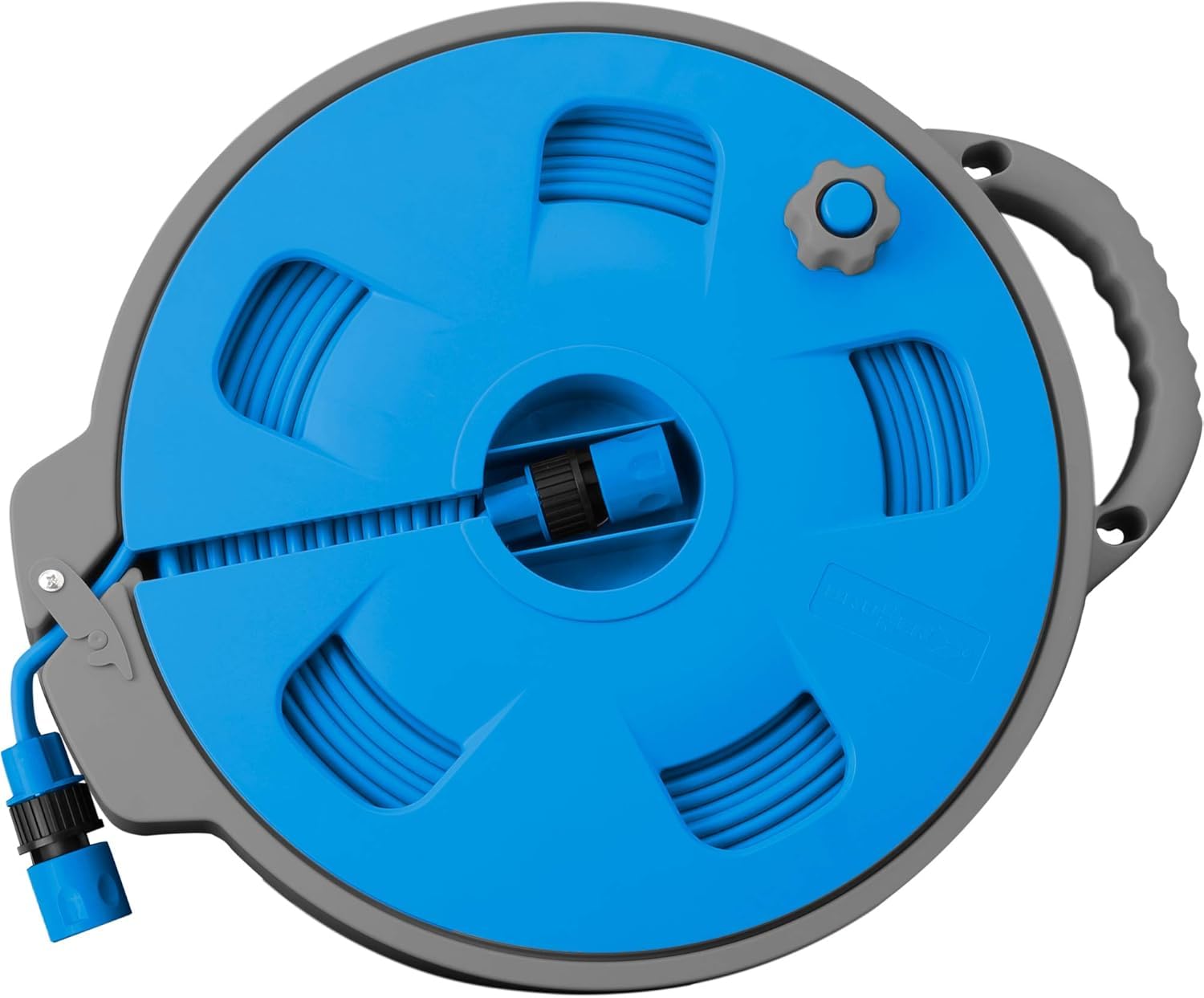 BRUNNER 7203132N - Carrete de manguera para camping y jardín Roll On 2.0 con 15 m de tubo plano, azul/gris