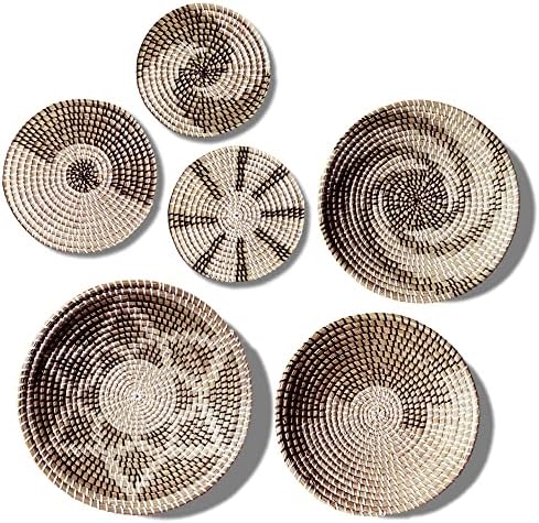 FELIZONE 6PCs Handmade Woven Wall Baskets Decor Set - Unique Wall Art Decor & Round Boho Basket (Monotone Color)