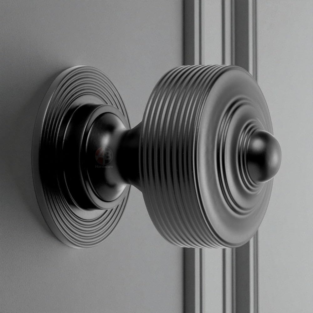 AB Hardware Powder Coated Black Reeded Centre Door Knob, Front Back Solid External Pull Handle
