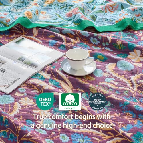 Image of VANJOROY King Boho Throw Blanket, 100% Organic Cotton Breathable Skin-Friendly Ultra Soft 91 inch x 98 inch Bed Quilt Blue Throw - Floral Rustic Luxury Reversible Blanket for Sofa Couch Chair and Gift