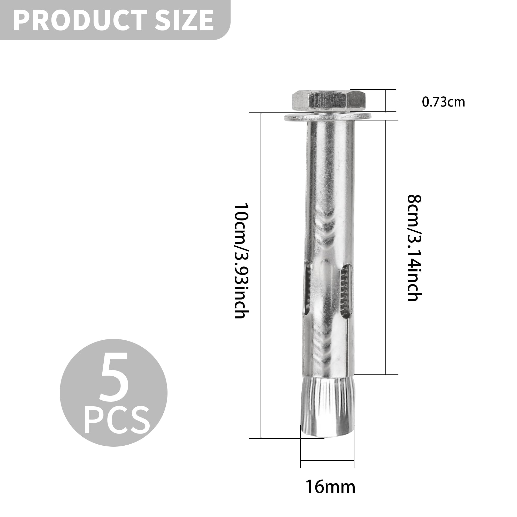 YKUKIZEE 5PCS Stainless Steel Expansion Screw Bolts M12x100mm, External Hex Nut Sleeve Anchor Bolt - Image 2