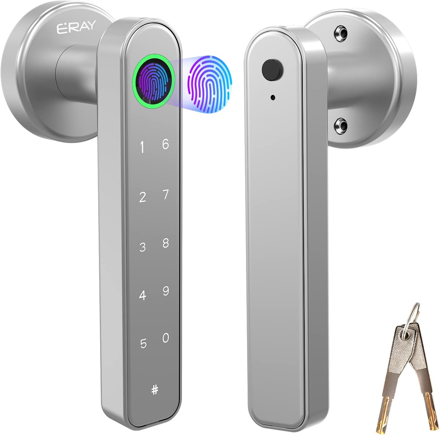 Smart Fingerprint Door Lock, Keyless Entry Knob Set With Keypad Code and Handle, Interior Security Kit for Home, Hotel, Apartment, Office Room - Silver