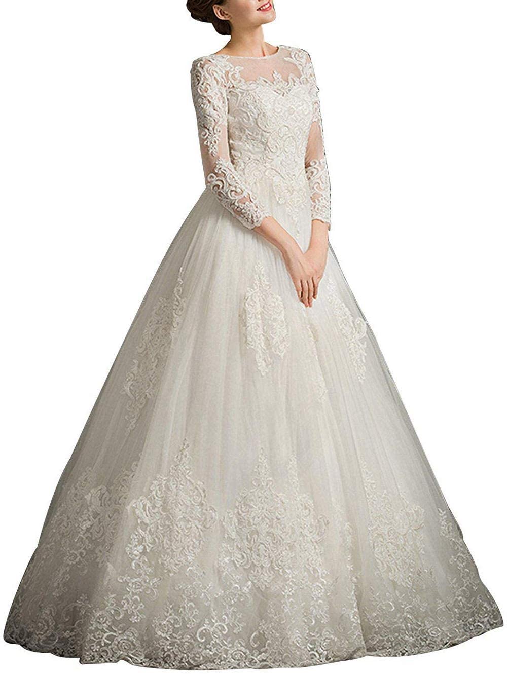 a Terra Abito da Damigella d'Onore A-Line Pizzo Maniche Lunghe, Bianco, 50