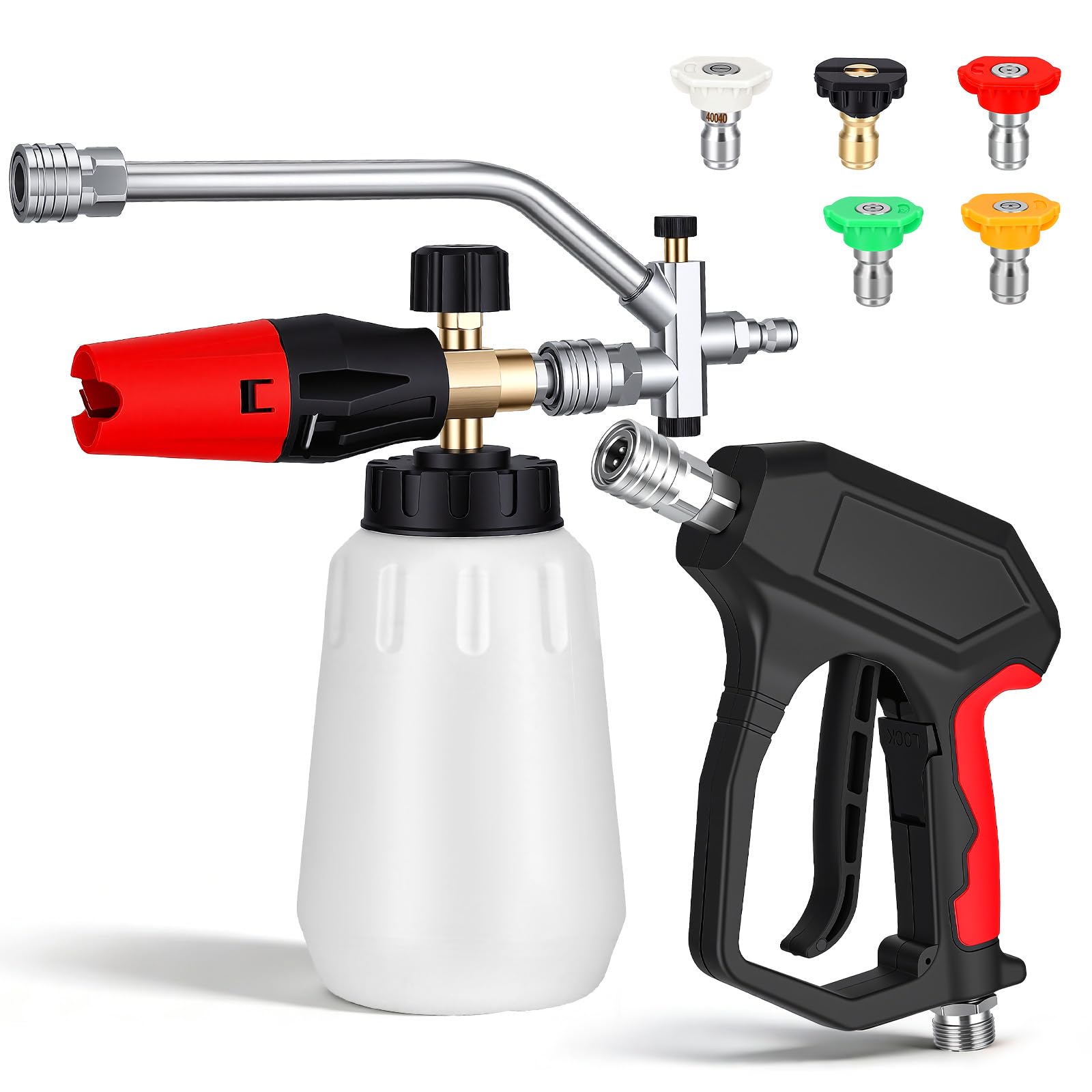 1/4" Quick Release Pressure Washer Snow Foam Cannon Lance Gun, Adjustable Car Wash Foam Gun Kit,1L Snow Foam Blaster,Pistolet Haute Pression,Dual Connector, 5 Nozzles for Car,Home & Garden Cleaning