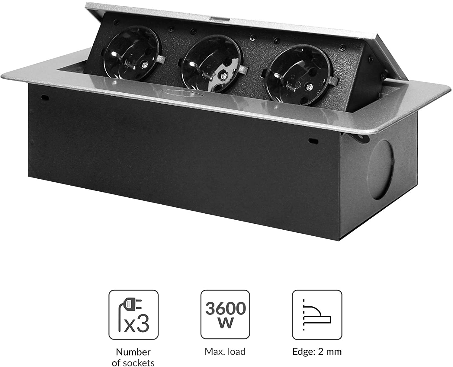 ORNO OR-AE-1337(GS) wpuszczana listwa zasilająca do zabudowy, 3 gniazda, 3600 W, gotowa do podłączenia z kablem ochronnym o długości 1,5 m, srebrna