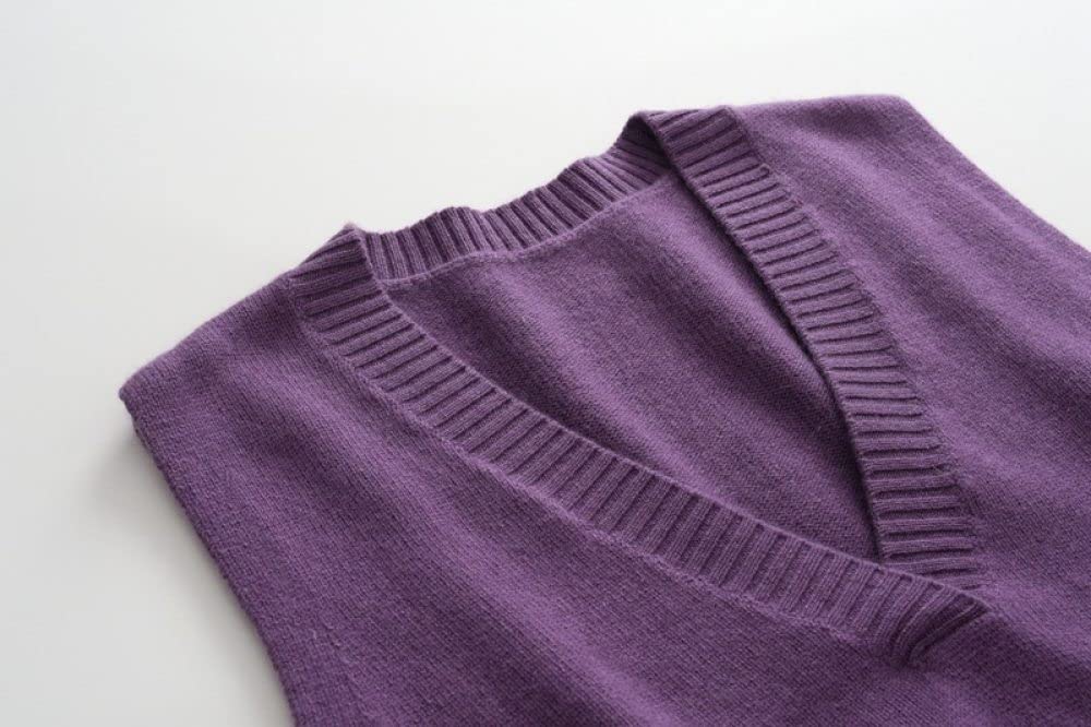 Chaleco Punto Mujer,Chalecos Con Cuello En V Para Mujer Chaleco De Punto Cachemira De Color Sólido Púrpura Dobladillo De Punto Acanalado Clásico Ligero Cálido Suéter Sin Mangas Camiseta Sin Man