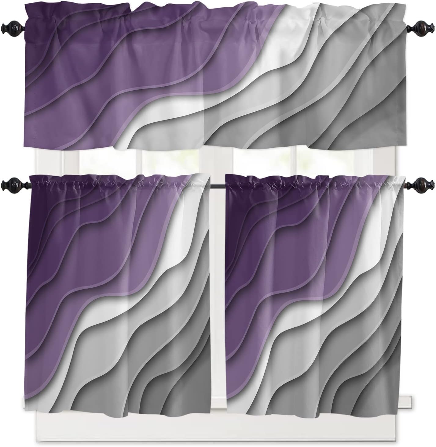 Purple and Gray Kitchen Curtain Valance and Tiers Set 3 Pc Window Treatment Modern Geometric Abstract 3 Pieces Rod Pocket Valance Set for Small Windows Bedroom 54 in x 36 in