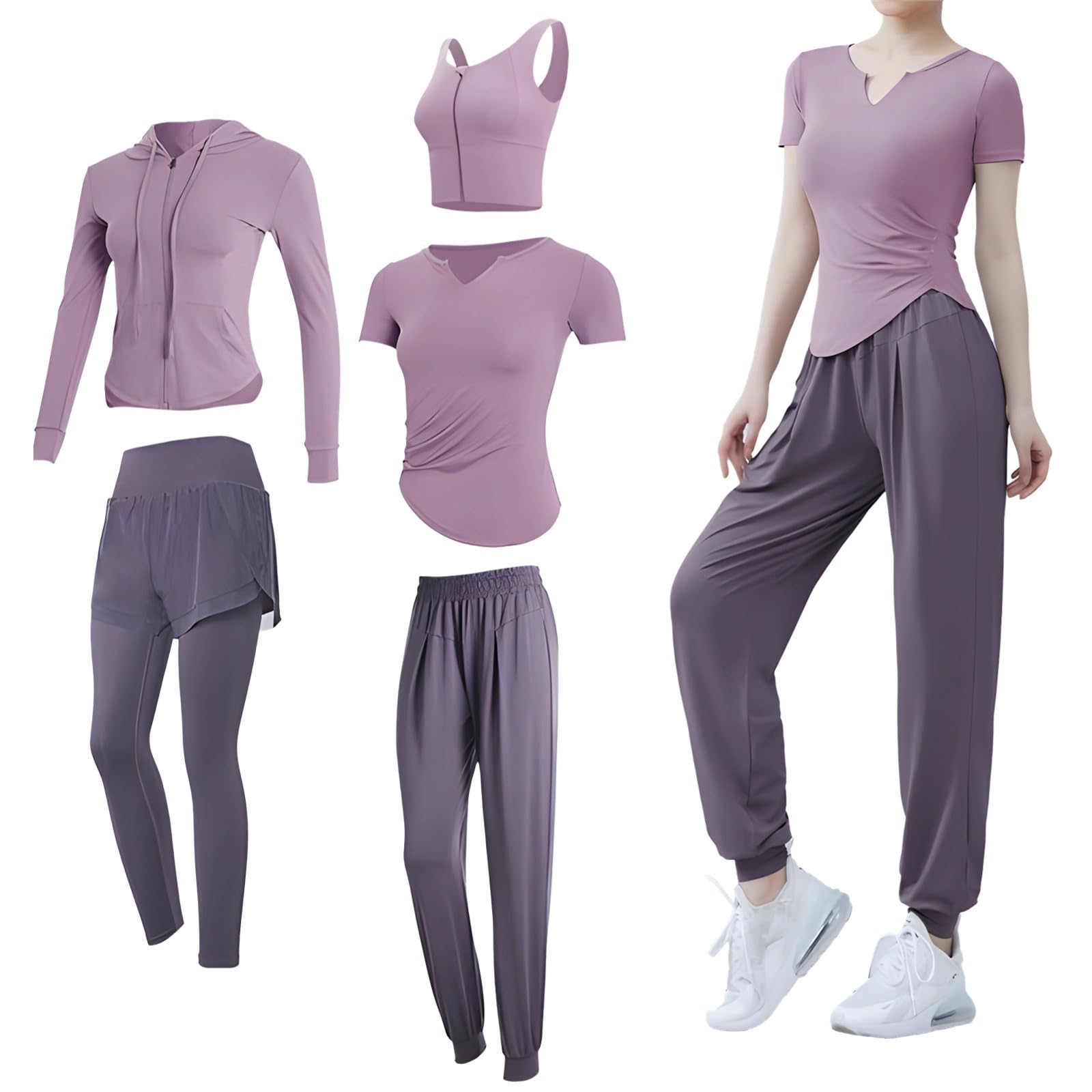 Conjunto de ropa deportiva para mujer, conjunto de 5 piezas, ropa de yoga, conjuntos de entrenamiento de manga larga para mujer, diseño negro, tela transpirable cómoda, XXL para 135-150 libras de