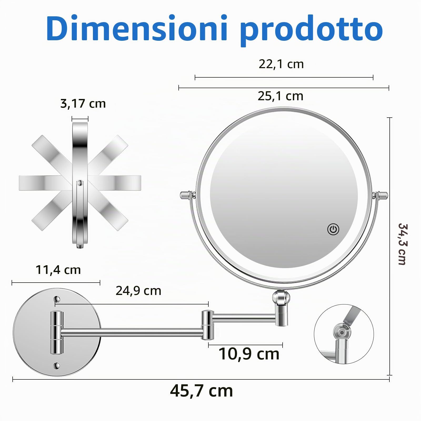 FUNTOUCH Specchio cosmetico ricaricabile da 5000 mAh con ingrandimento 1X/ 20X, specchio da barba dimmerabile, 3 colori, touch screen LED, girevole a 360°, specchio da parete per bagno e hotel