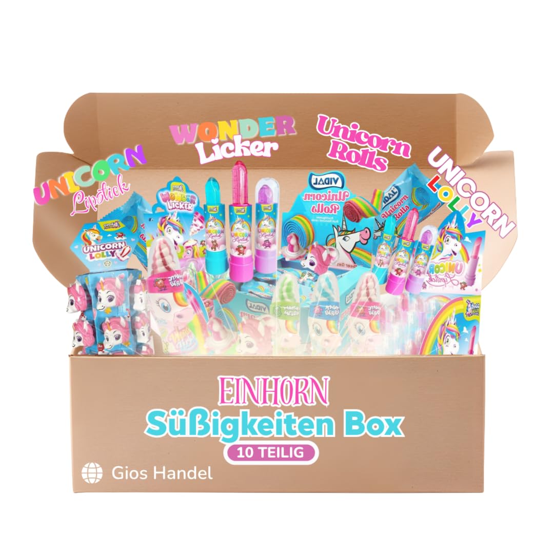 Einhorn Süßigkeiten Box 10-teilig – Premium Unicorn Süßigkeiten-Mix für Kindergeburtstage, Goodie Bags & Mottopartys | Magische Fruchtgummis, Einhorn Lollys & Unicorn Lippenstifte