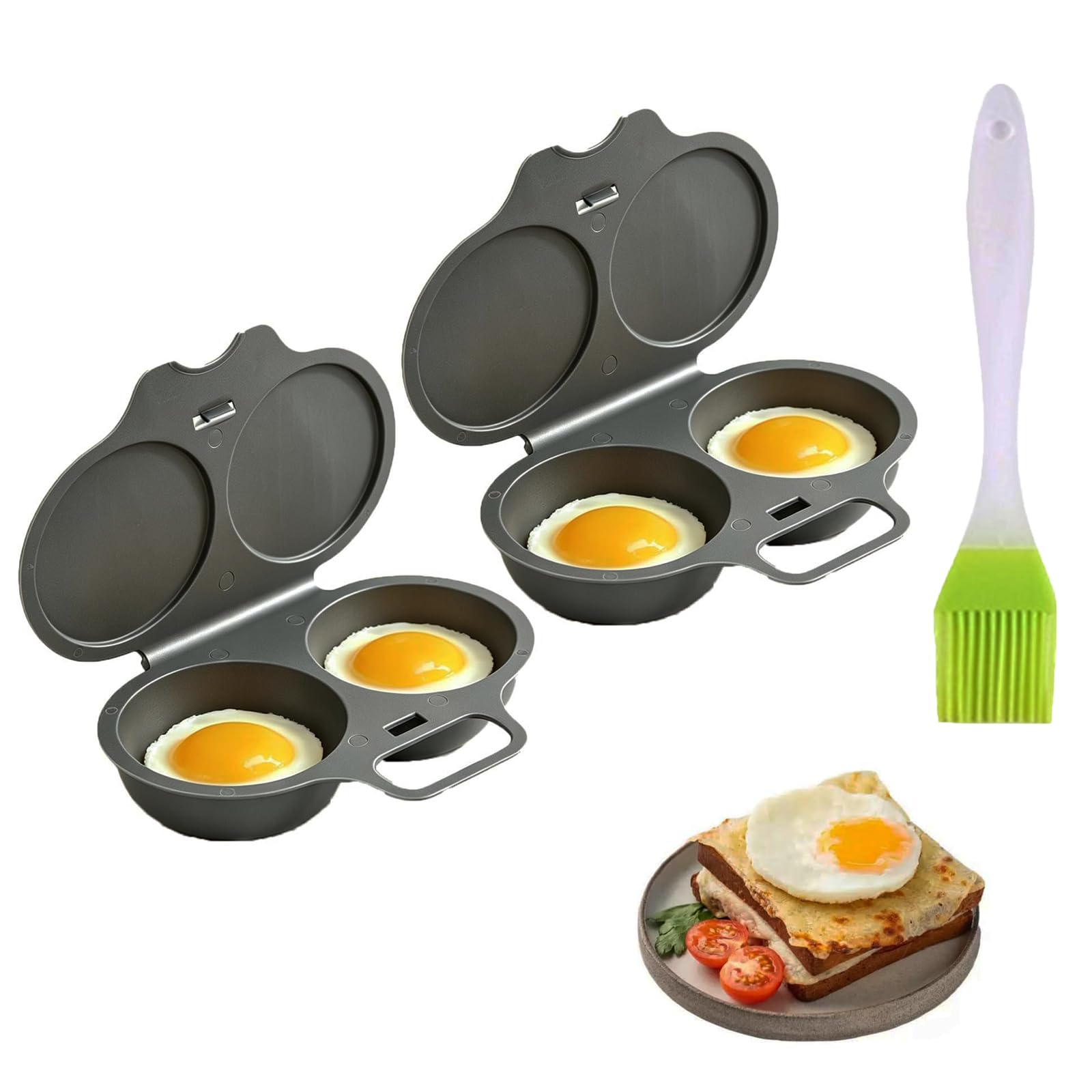 Microwave Egg Poacher with Lid,Handle and Brush (Black, 2PC)
