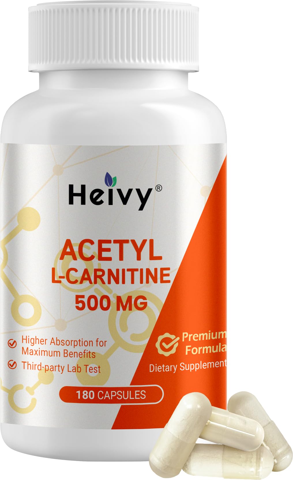l carnitina função Heivy Acetil L-Carnitina (ALCAR) 500 mg, 180 Cápsulas, Suporte de Aminoácidos para Função Cerebral e Saúde dos Nervos, Sem Transgênicos e Sem Glúten, 1 Cápsula por Dose 180 Doses