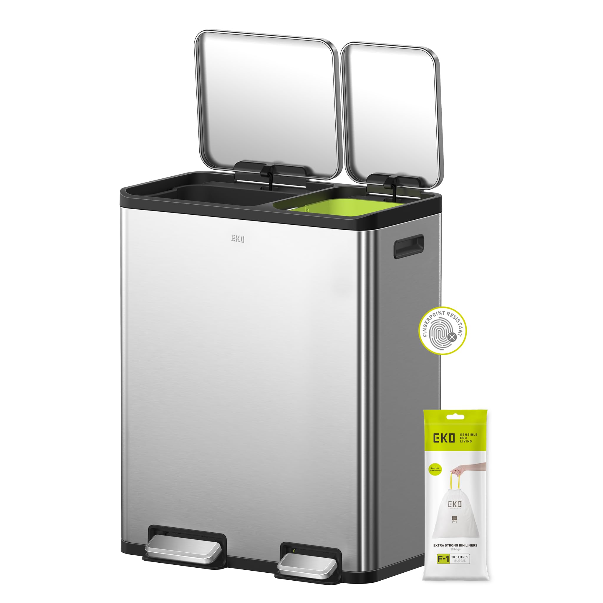 EKO Ecocasa Recycling Kitchen Bin 30+20 Litre, Pedal Rubbish Bin with Two Removable Inner Buckets, Soft Closure, Perfect for Kitchen & Home, Stainless Steel