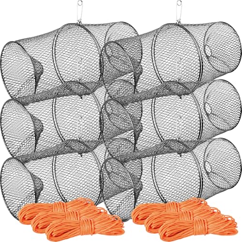 A1FISHER Crawfish Trap with 14.5M Orange Rope, Heavy Duty Steel Mesh with Spring Clip Fishing Trap for Crawdads Crayfish, Black, 6 Packs
