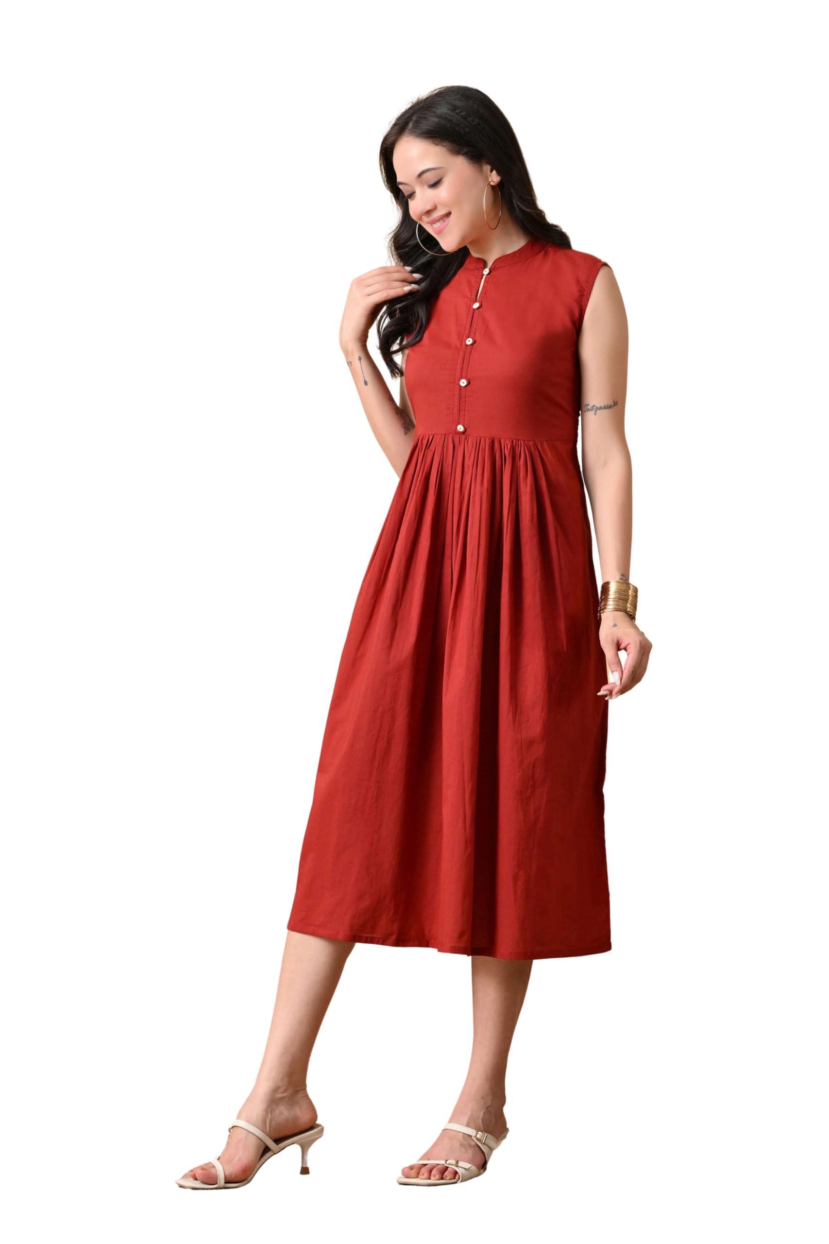 Women Pure Cotton Sleeveless Midi Dress | Solid A-Line Dress with Mandarin Collar |Casual Dress for Office-image-22