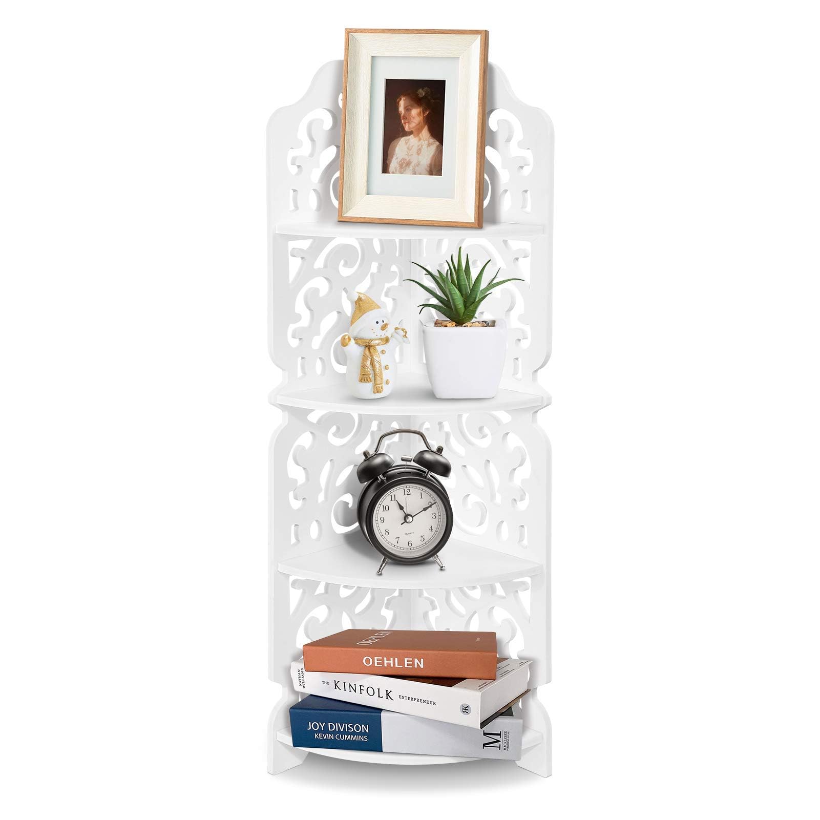 Ejoyous 4 Ebenen Eckregal Weiß, Holzregal Standregale Bücherregal Geschnitzte Wandregal Stehregal Lagerregal Eckstand für Büro Wohnzimmer Küche Badezimmer 84,5x18x 22cm
