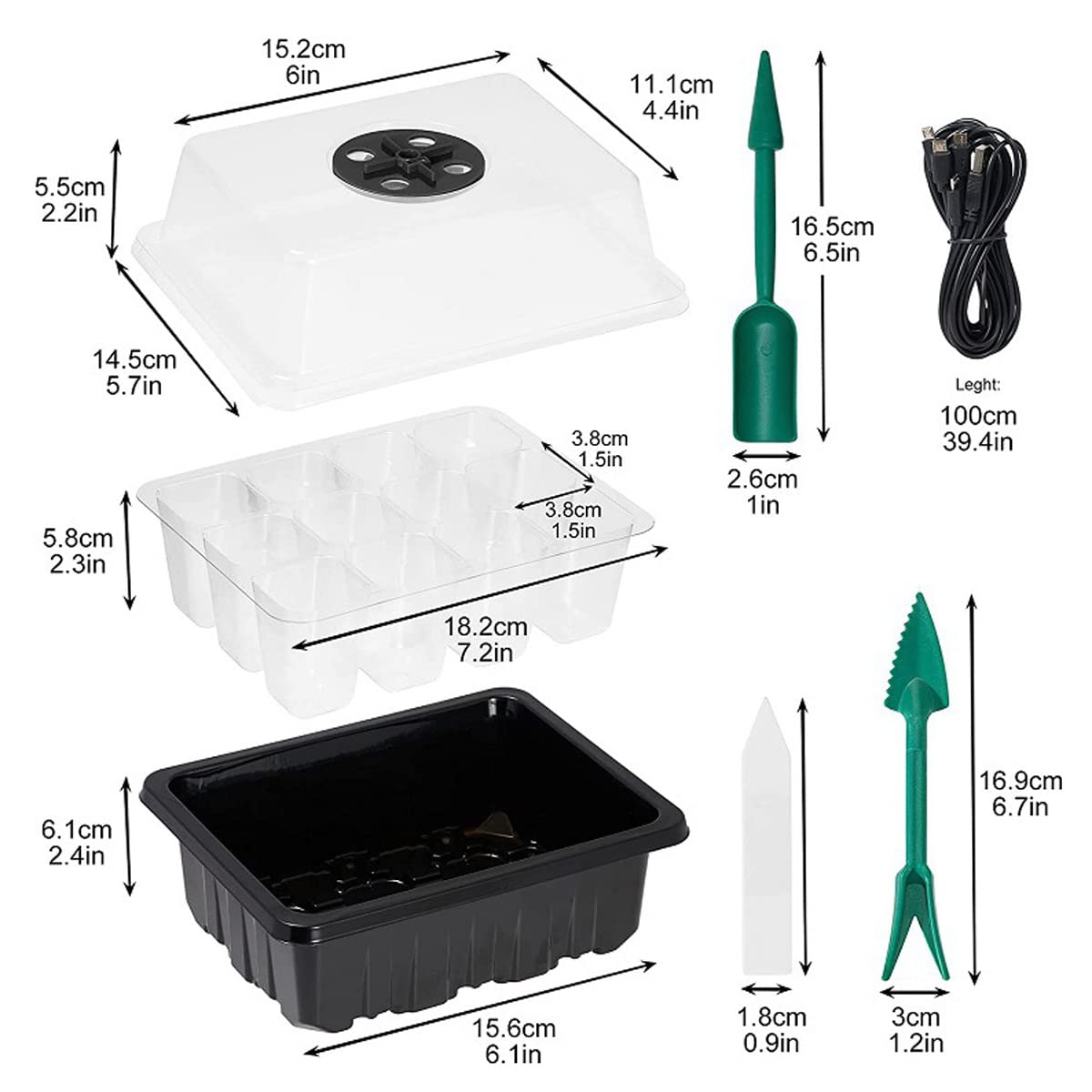 Vassoi per Propagatore di Semi, 5 Pezzi Vassoio di Avviamento per Piantine con Coperchio, Mini Serra Germinazione Riscaldata, umidità Regolabile, con Luci a LED, 5 Etichette,2 Strumenti(Color:Nero)