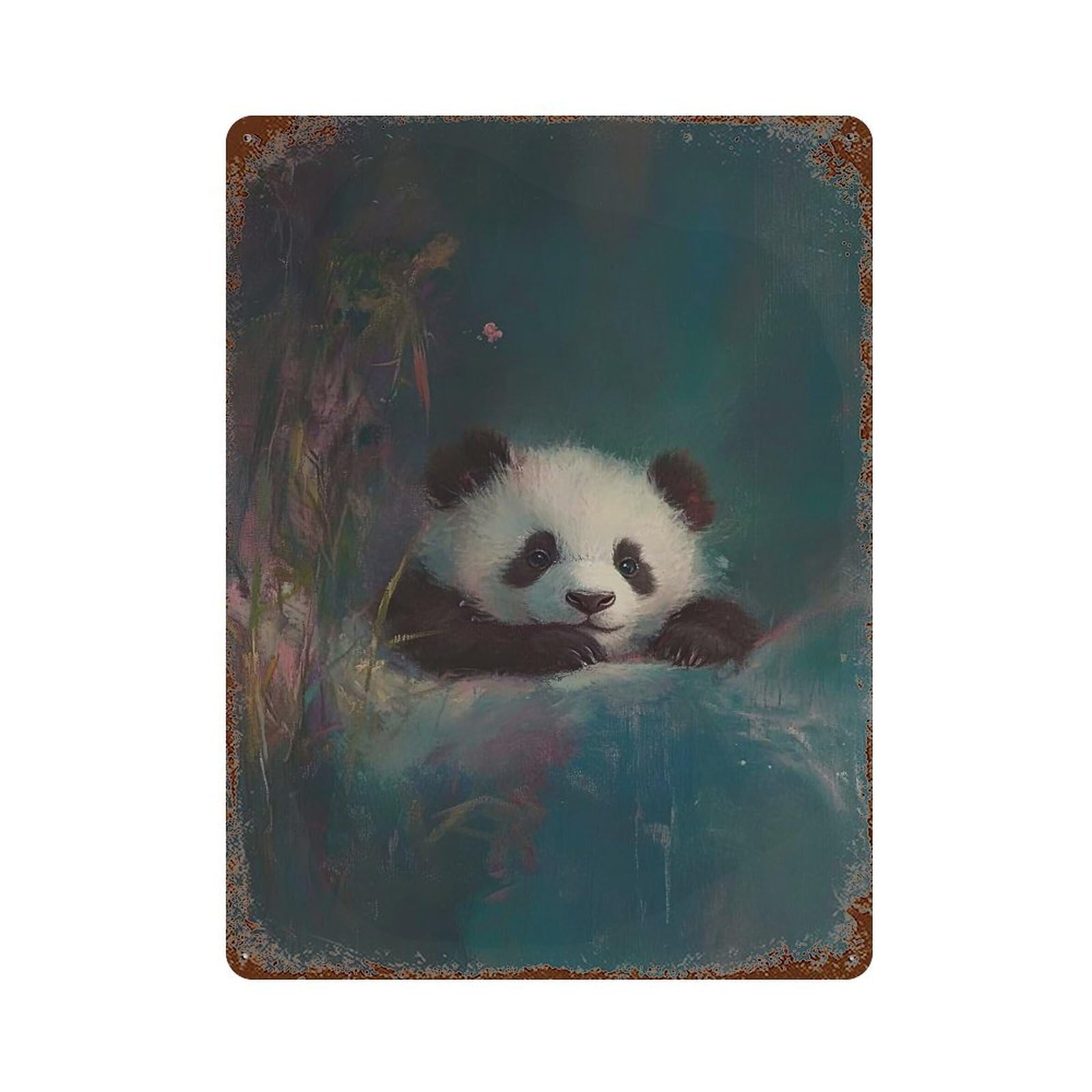 Rust Effect Panda Cub Aged Metal Wall Plaque 15.7"x11.8", Shabby Chic Decor for Basement, Hobby Room And Garage Decor