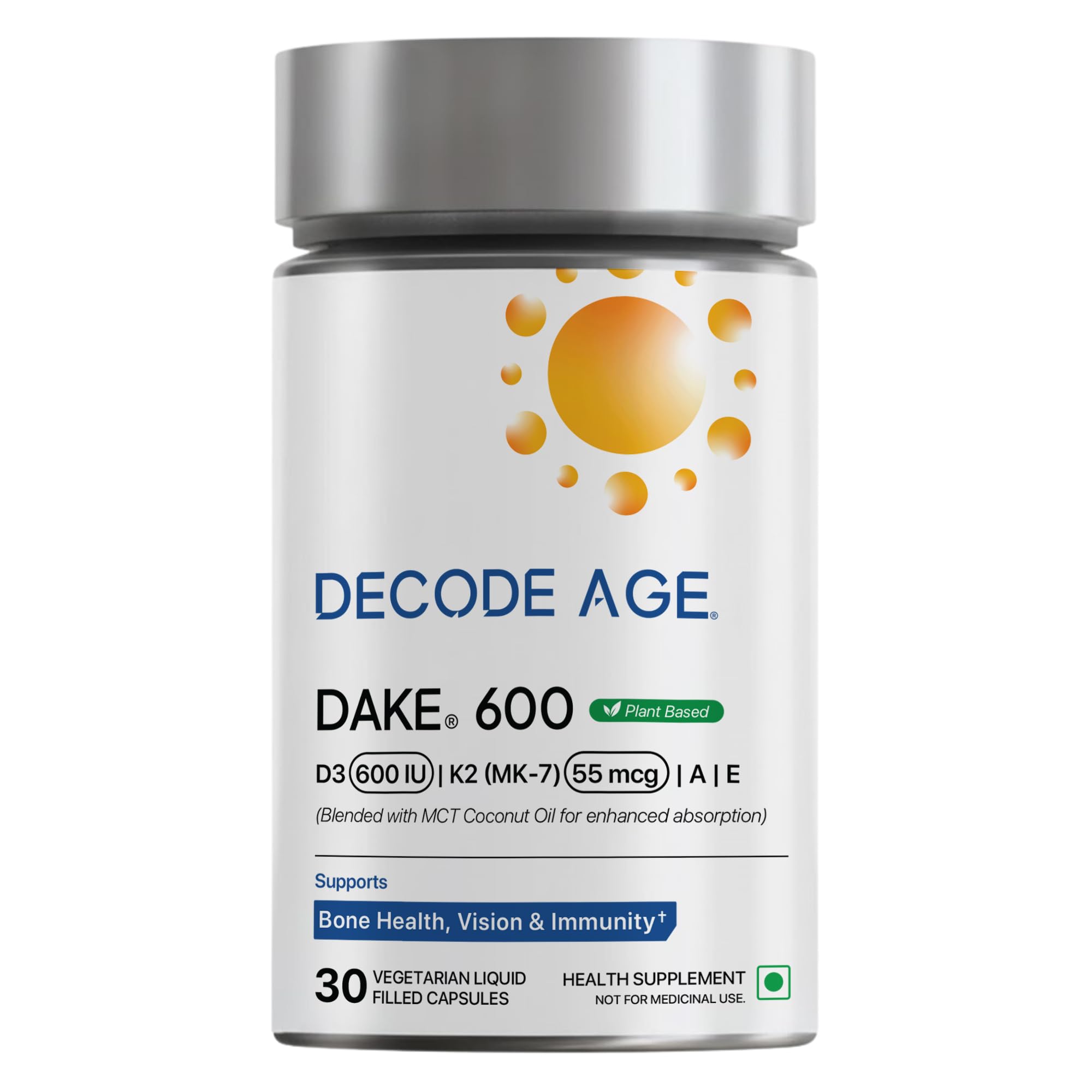 Decode Age DAKE 600 IU Multivitamin | Plant-Based Lichen D3, K2 (MK-7), A & E | Supports Bone, Vision, Immunity & Skin Health | With MCT Oil for Enhanced Absorption | 30 Vegan Capsules