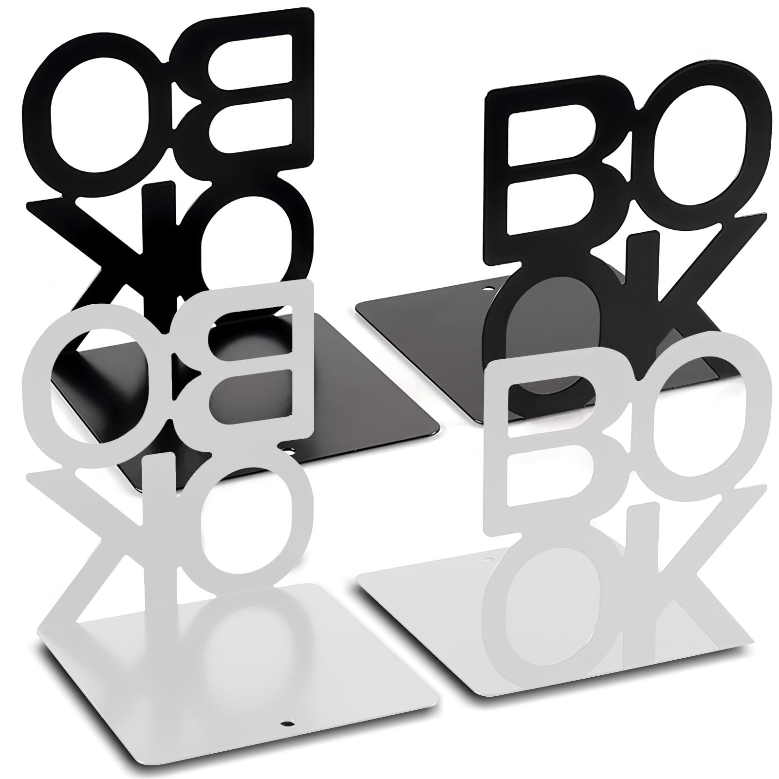 Sujetalibros 4 Piezas Sujeta Libros Estanteria Blanco y Negro Sujeta Libros Metal para la Escuela, Oficina, Dormitorio Estudio Almacenamiento de Libros