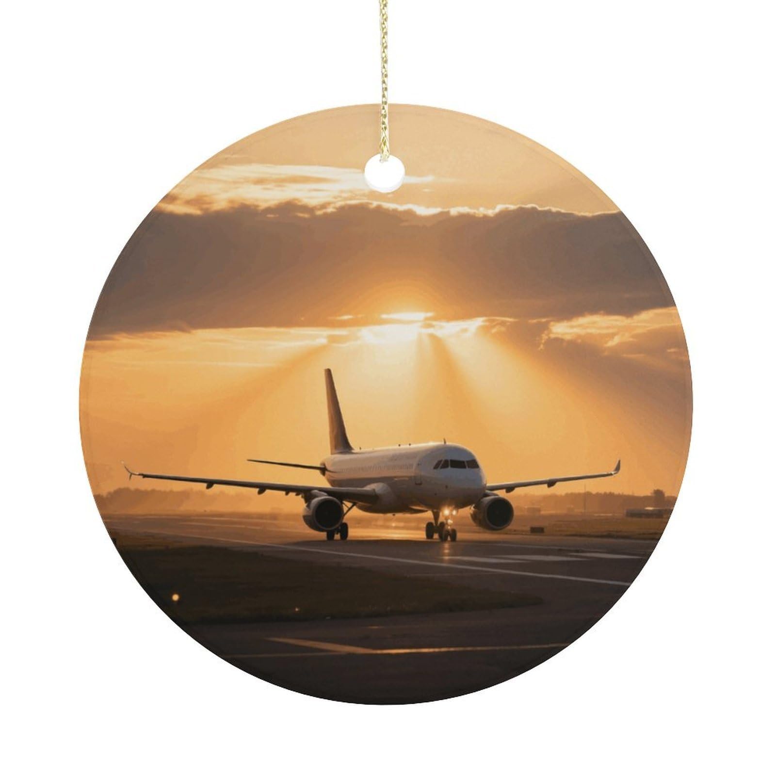 Personalized Christmas Ornaments 2025 Ceramic Hanging Airplane at Sunset Ornaments with Gold String Double-Sided Vintage Holiday Decorations for Tree Mantel Tabletop Xmas Party Favors