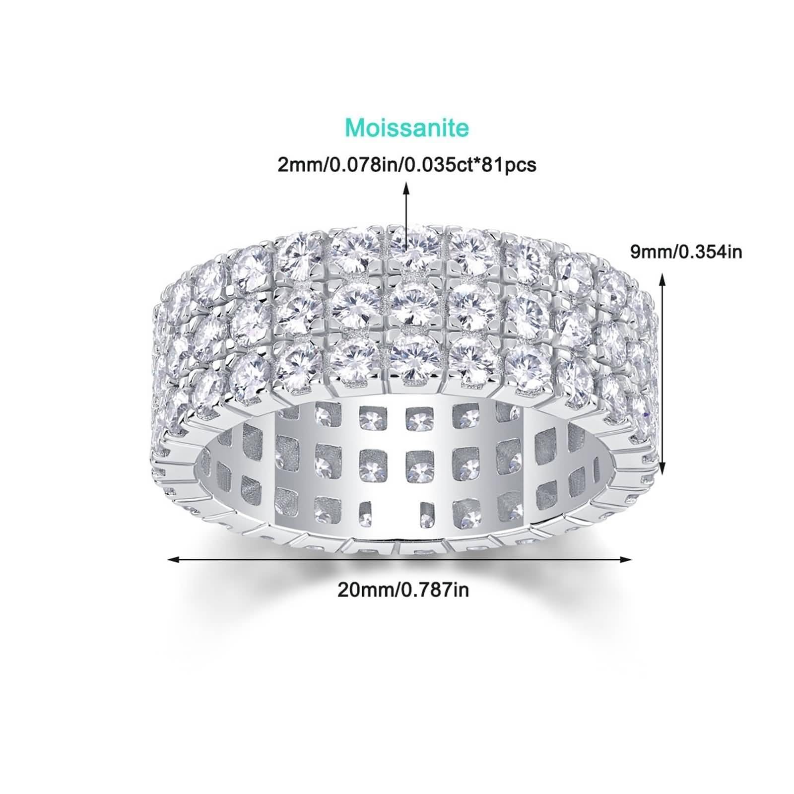 Unisize Ring, Engagement Ring Set 9 mm Breiter Ring mit 3 Reihen Runder Moissanite 2 mm Silber 9K Weißgold Größe 47 (15.0)