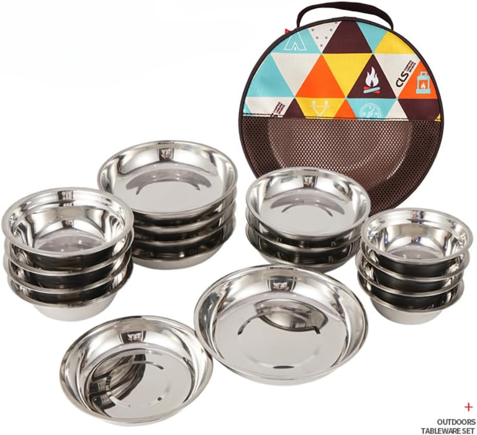 Stainless Steel Plates and Bowls Camping Set Portable Dinnerware Set Dinnerware kit for Kids, Adults, Family Camping Hiking Picnic BBQ Beach Outdoor with Travel Bag (17pcs)