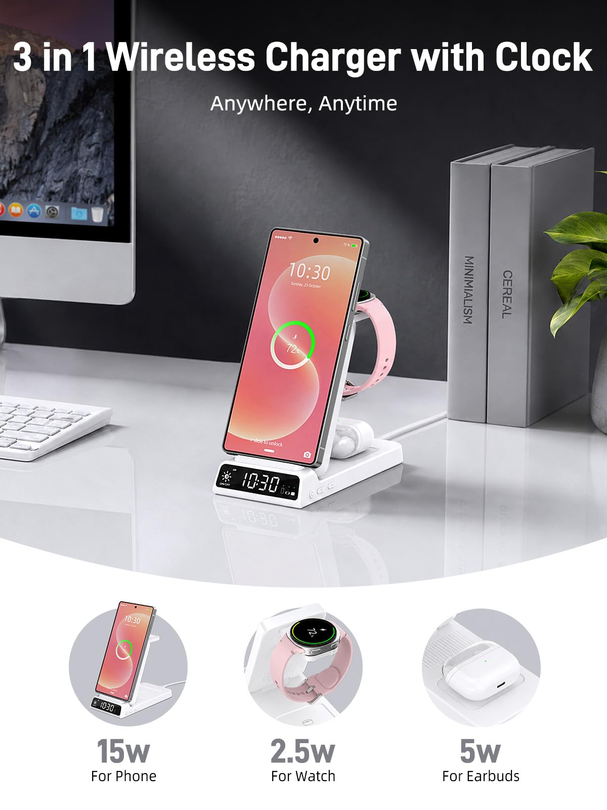 Chargeur Induction pour Samsung Galaxy S26/S25/S24/Z Flip 7/Fold 6 Charge 3 en 1, Chargeur Montre pour Samsung Galaxy Watch Ultra/8 Classic/7/6, Chargeur sans Fil pour Galaxy Buds 4/3 (Blanc)