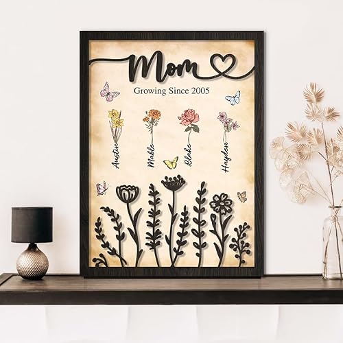 Personalized Mom\'s Garden Wooden Sign, Gifts For Mom From Kids, Custom Kid Name With Birth Month Flower Garden Sign Frame, Mothers Day Wildflower Wall Decor, Christmas Birthday Mom Gift giftm1
