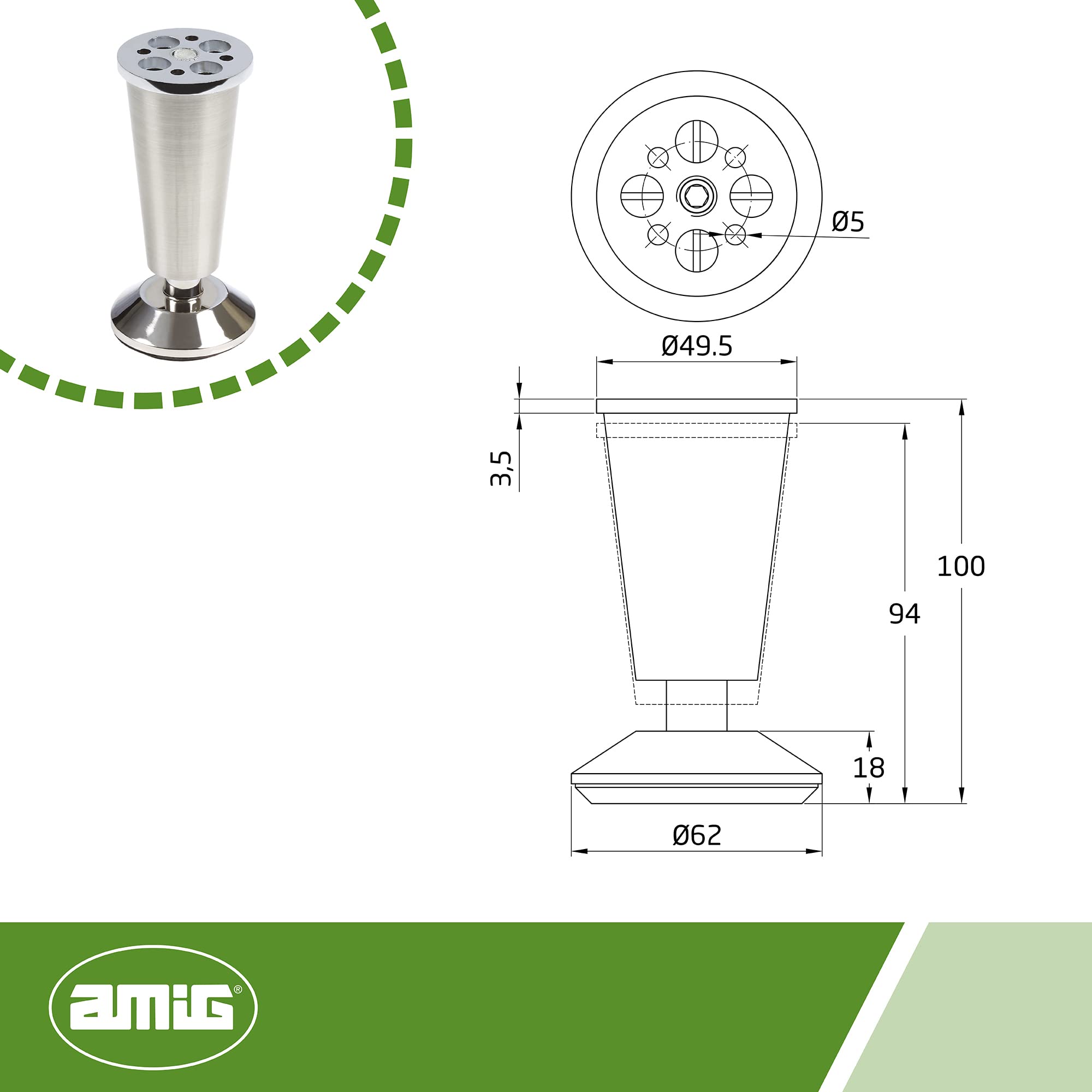 Amig 8-100 Brushed Nickel Leg, 100 mm - Image 3