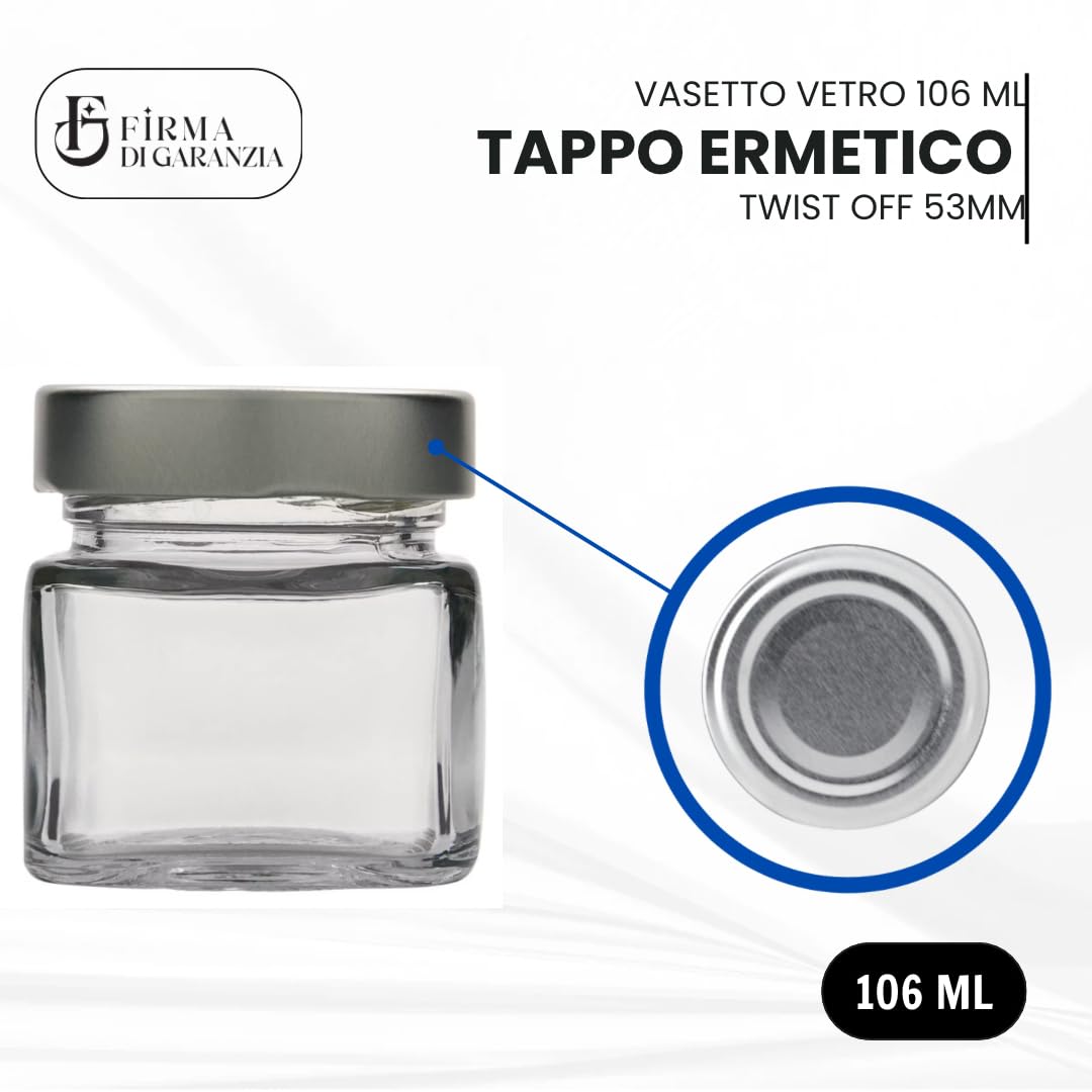 Firmadigaranzia srl Barattoli in vetro per marmellate e omogeneizzati da106 ml con tappo twist off 53mm 96PZ - Vasetti vuoti in vetro da 106ml per marmellate, conserve, cinfetture e bomboniere