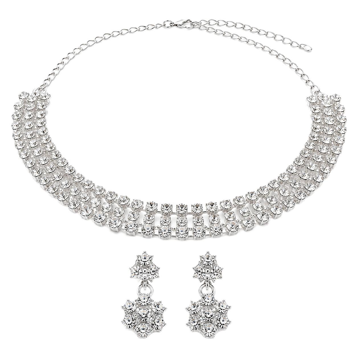Silver-Tone Crystal Rhinestone Statement Collar Necklace Set with Matching Floral Drop Earrings-image-23