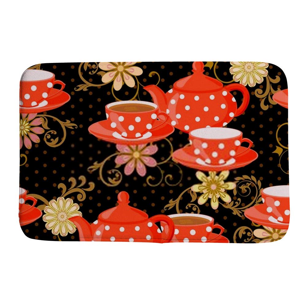 Tapis de bain antidérapant velours corail motif théière 91x61cm, évitez les glissades et sols mouillés