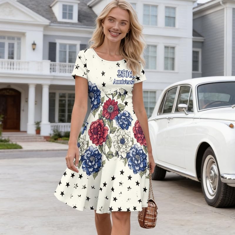 Image of Irisjudy T Shirt Dress for Women Short Sleeve Girls Short Sleeve Dress Plus Size, O Neck Knee Length Midi Dress for Ladies