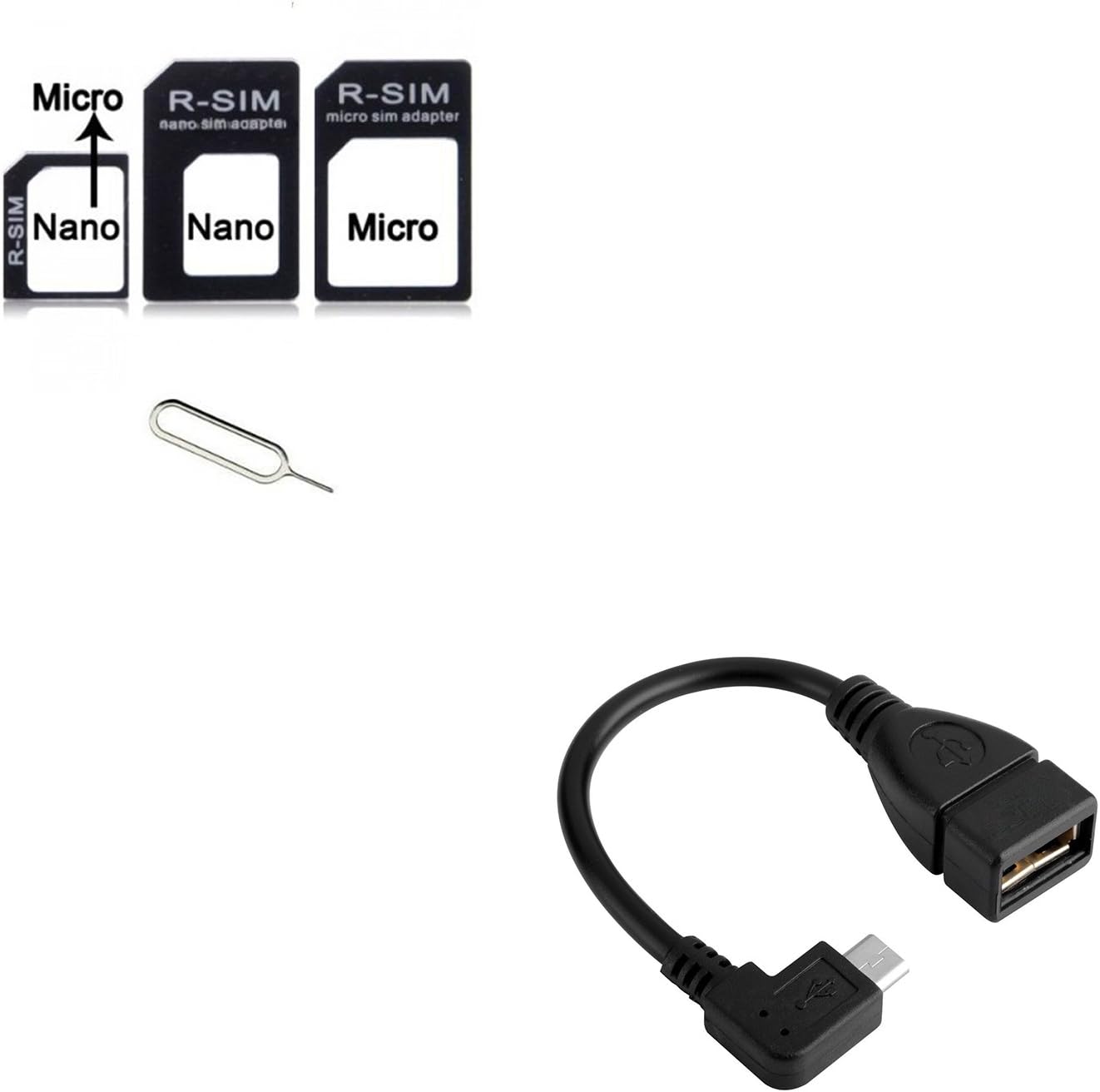 Combo-SIM CARD Adapter Nano to Micro-Nano to Regular-Micro to Regular With eject pin - Black &5Pin Micro USB Male to Female 90Degree Angle Adapter Converter Cable
