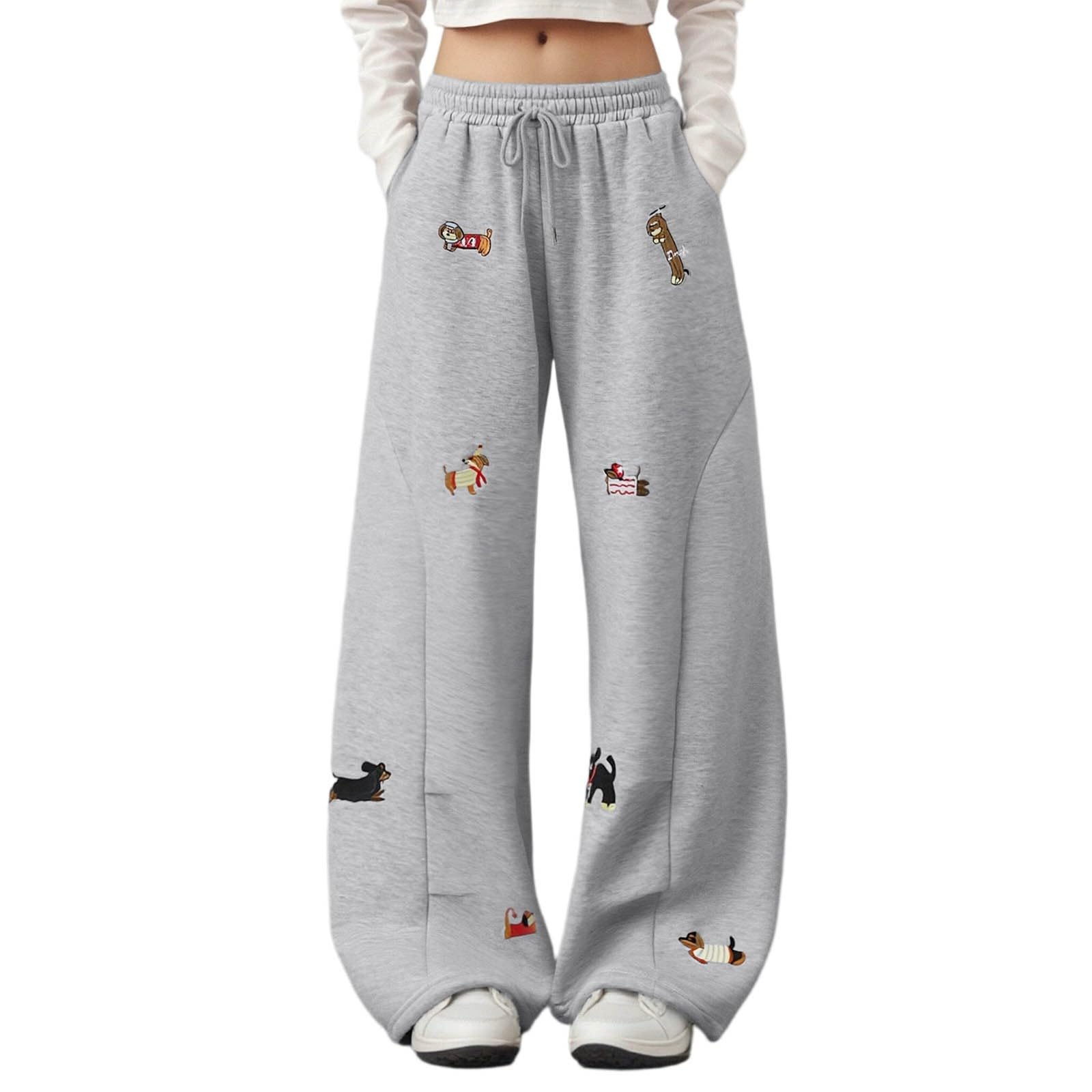 Men's and Women's Cute Dachshund Print Jogging Pants with Elastic Waistband and Drawstring, Baggy Leisure Sports Pants for Streetwear, Light grey, M
