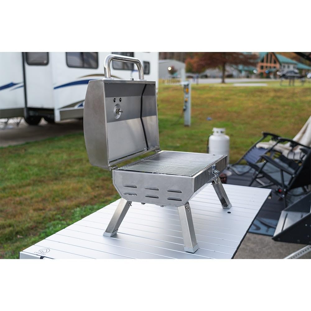 Venture Forward Portable Propane Gas Grill - Stainless Steel Cooking Surface, 208 sq. in. Cooking Space, 10,000 BTU Burner, Easy Push-Button Ignition, Folding Legs and Locking Lid