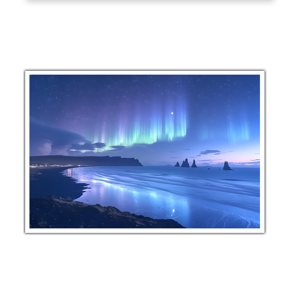 OSHIONARTE Northern Lights Canvas Wall Art Aurora Borealis Sea Stacks Night Sky Scenery Painting Print Poster for Living Room Home Wall Decor 35x50cm Frameless