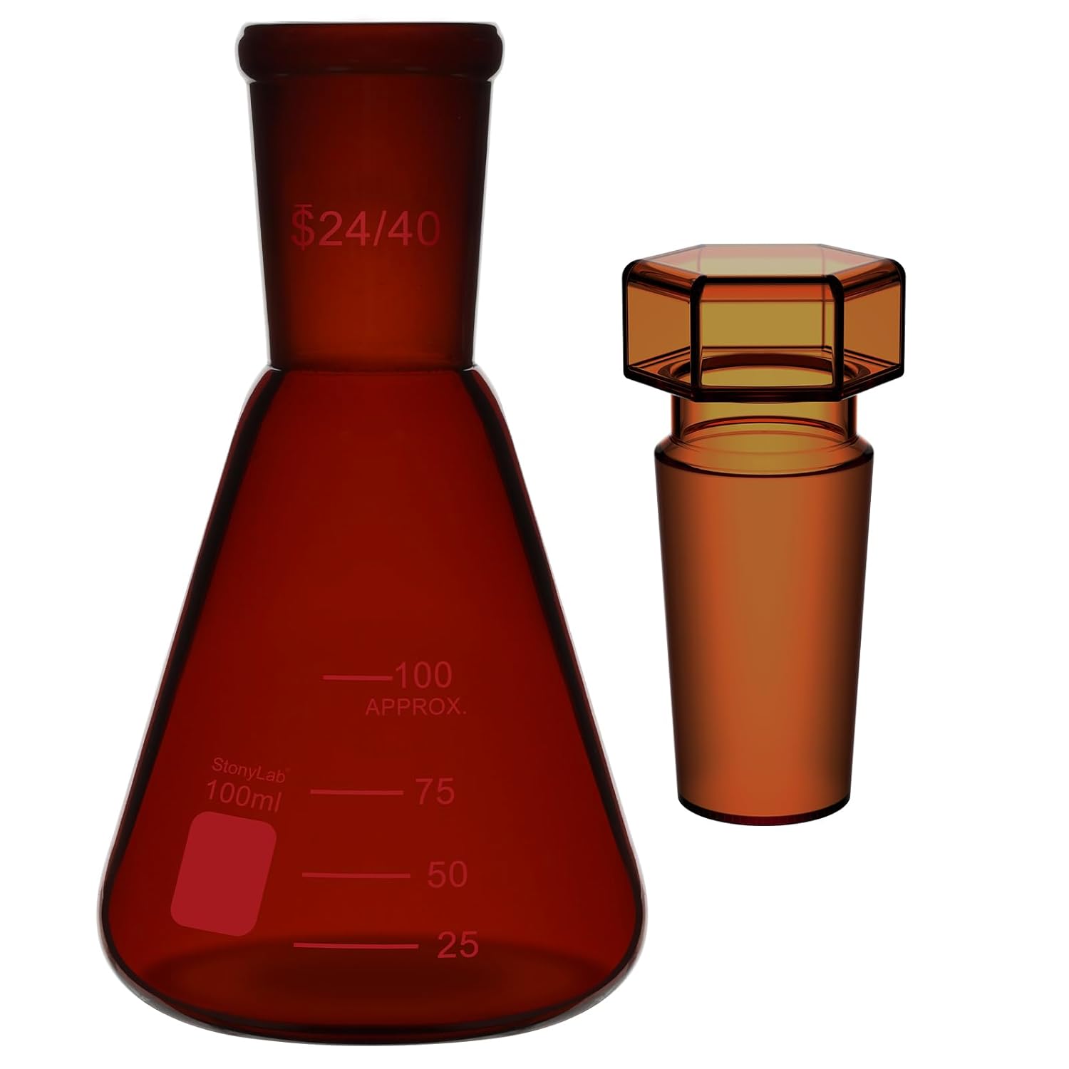 24/40 Joint Amber Erlenmeyer Flask (100 ml) Bundle with Amber Hex Head Hollow Glass Stopper (24/40 Joint) - stonylab Bundle