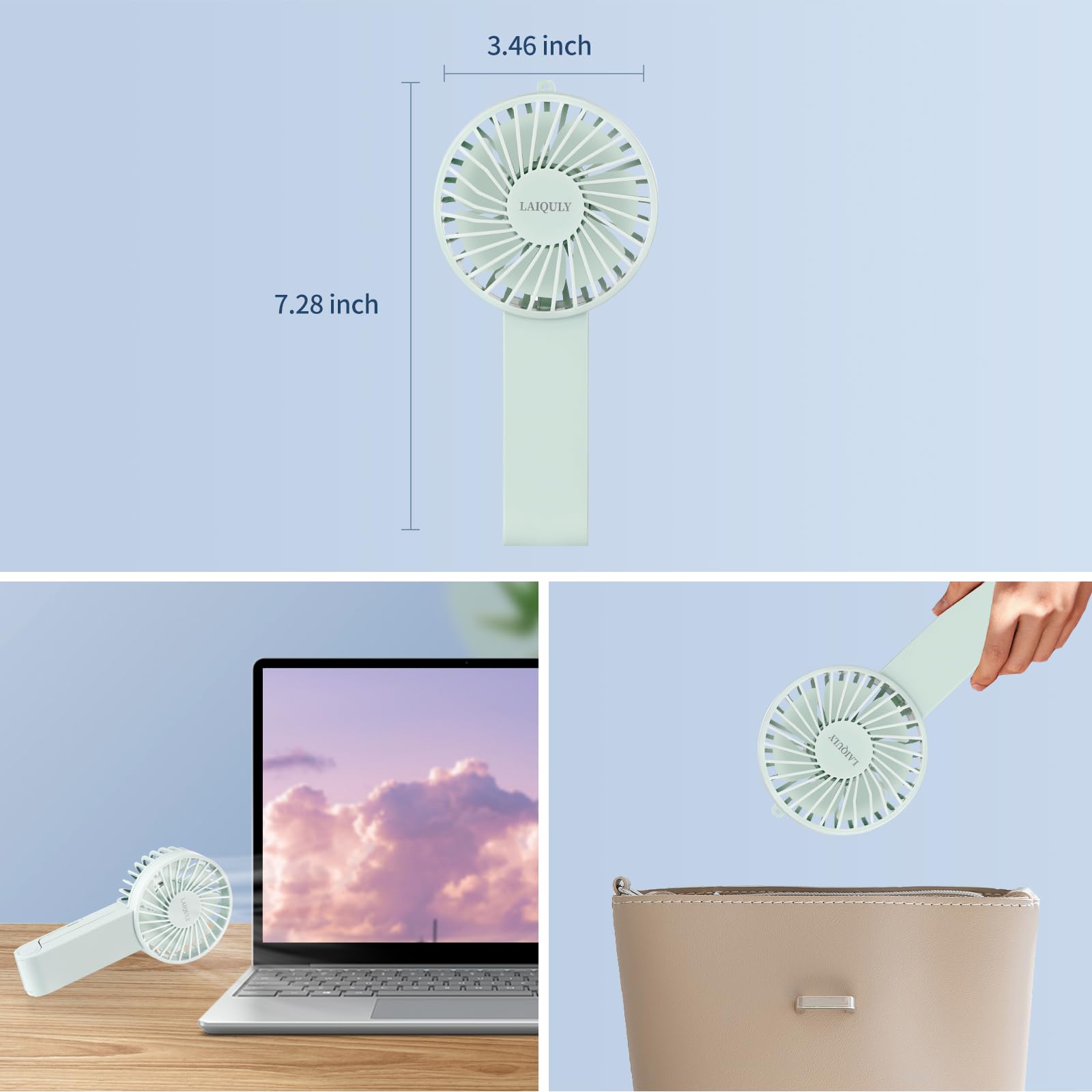 Ventilador de mano, ventilador portátil personal de 3 velocidades, ajustable, cordón extraíble, recargable por USB, funciona con pilas, ventilador de mesa de escritorio pequeño, ventilador de 7