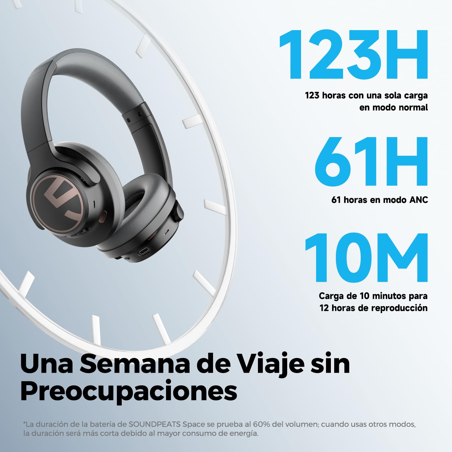 SoundPEATS Space Auriculares Diadema Bluetooth 5.3 con Cancelación de Ruido | Altavoz dinámico de 40 mm, ANC híbrido activo, ENC llamadas, Conexión multipunto, 123 h batería, Plegable portátil