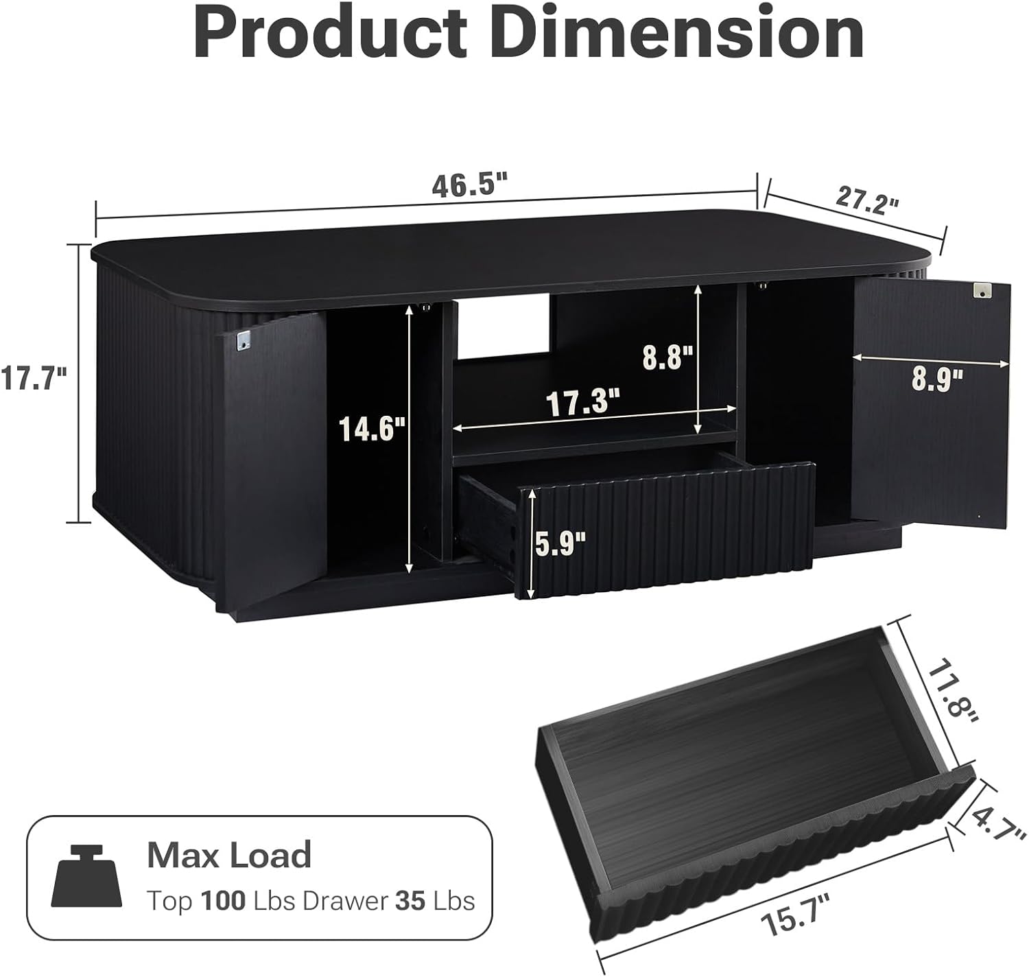 Coffee Table with Storage,46.5" Modern Wood Fluted Coffee Table with 2 Drawers for Living Room, Office,Easy Assembly,Black