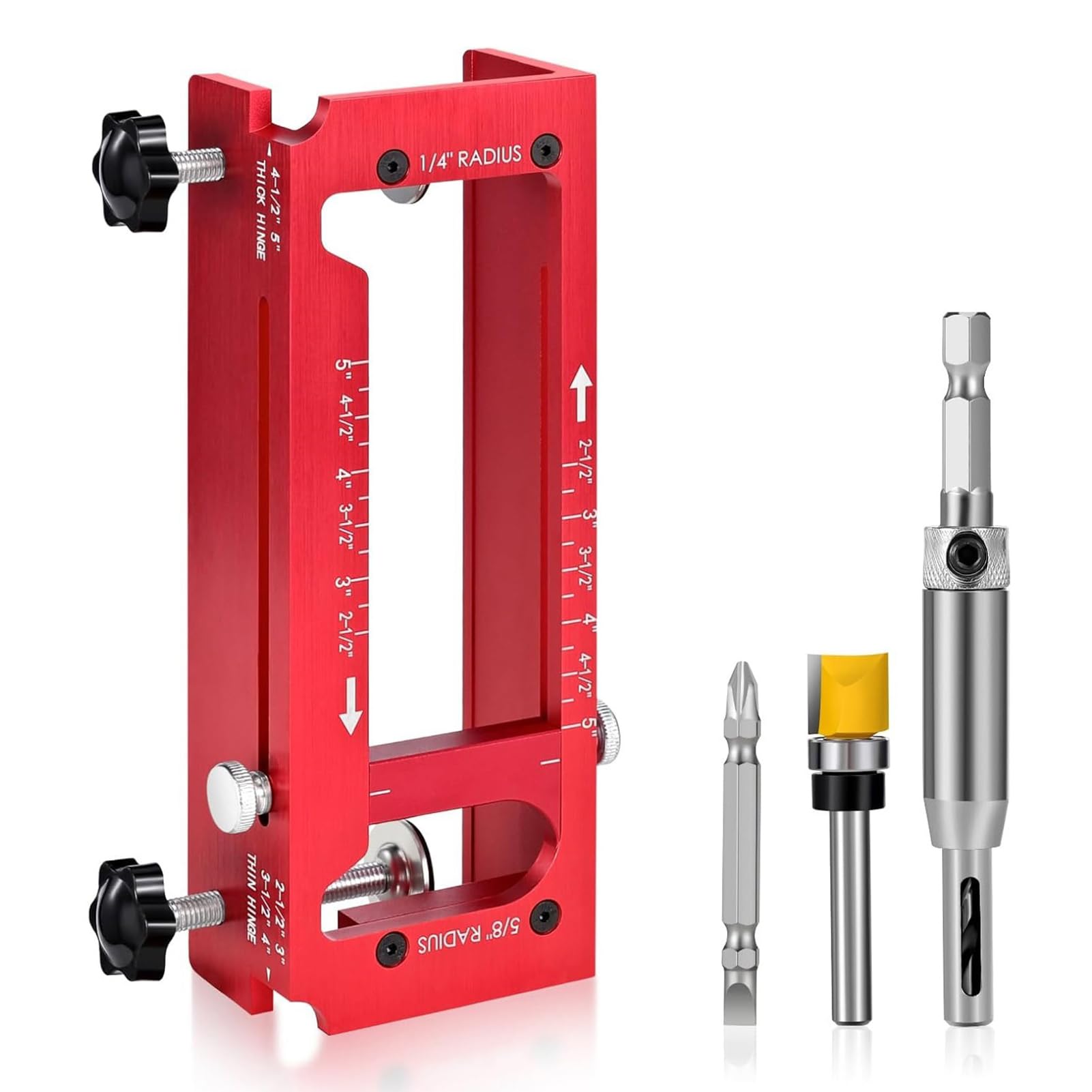 VISLONE Door Hinge Jig, Aluminum Alloy Door Hinge Template Kit for Router, Adjustable Mortise Jig Fits Hinges from 2.5" to 5", 1/4" Radius, /8" Radius and Square Corner Types