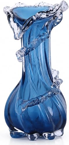 Hand Blown Blue Glass Vase, Wavy Wide Mouth Coastal Flower Vase | Wavy wide-mouth blue glass vase for flowers, coastal tabletop decor, coffee table, mantel, office, and dining centerpiece